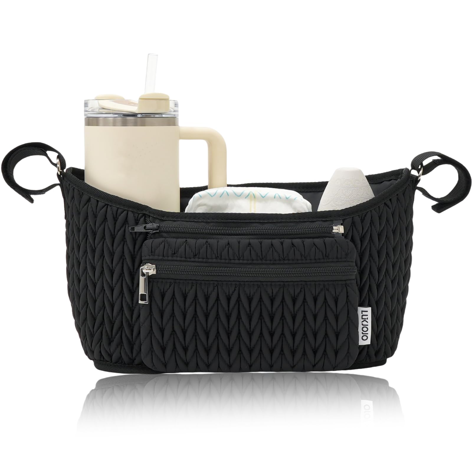LUKJOJO stroller organizer with 3D herringbone quilting for stylish organization.