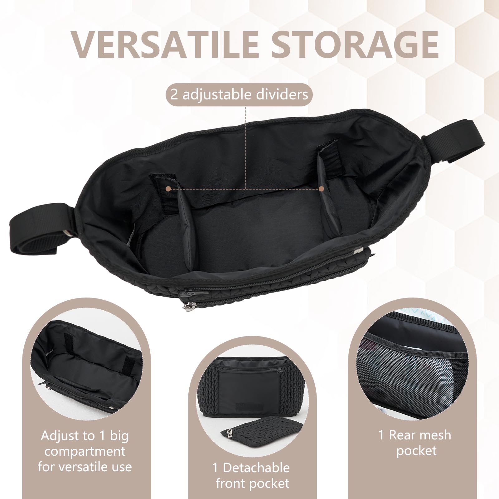 LUKJOJO rear mesh pocket keeps snacks and small toys handy.