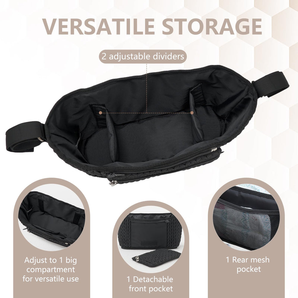 LUKJOJO rear mesh pocket keeps snacks and small toys handy.