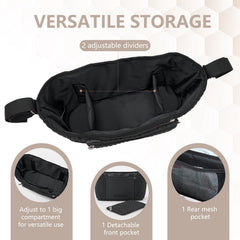 LUKJOJO rear mesh pocket keeps snacks and small toys handy.