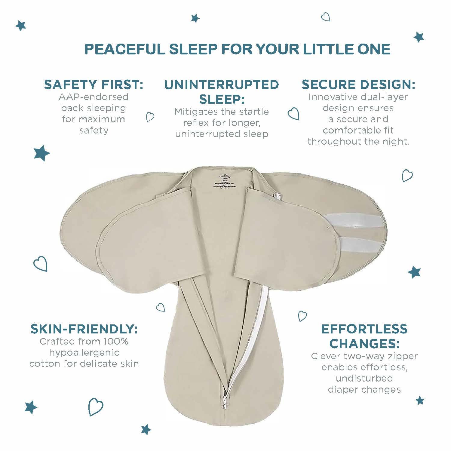 LullaBaby swaddle outer Velcro wings creating snug fit for quick diaper changes