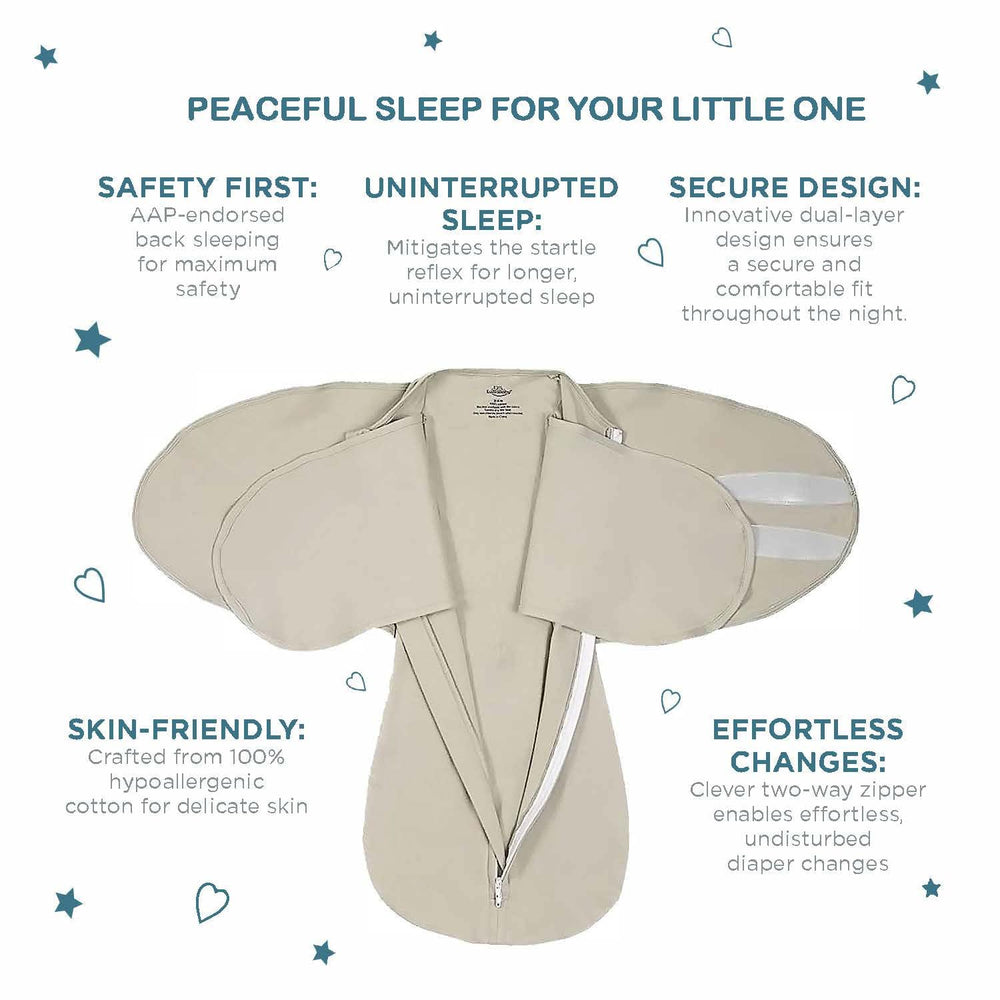 LullaBaby swaddle outer Velcro wings creating snug fit for quick diaper changes