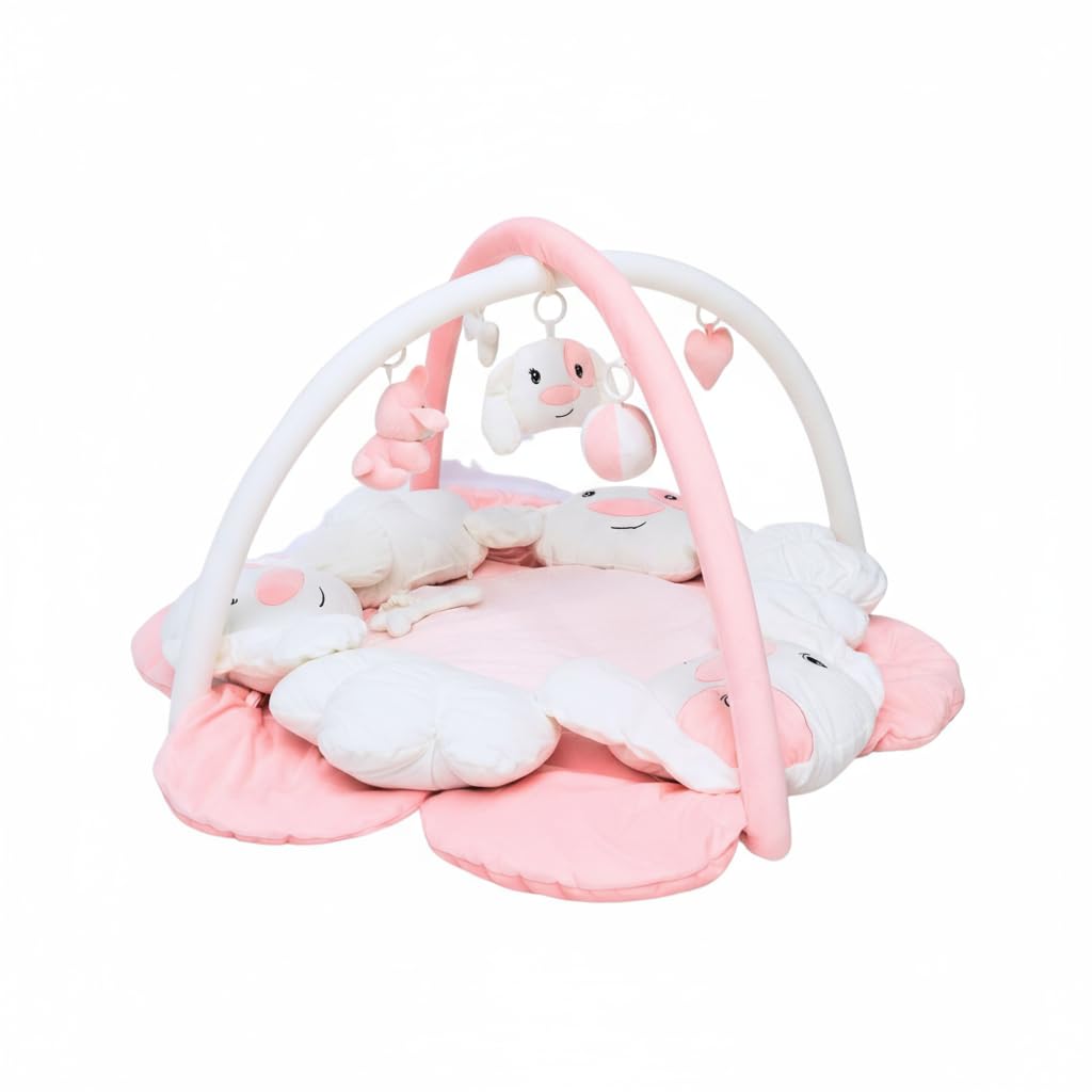 Lullaby Cotton play gym overhead arches in pink dog design for tummy time