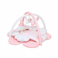Lullaby Cotton play gym overhead arches in pink dog design for tummy time