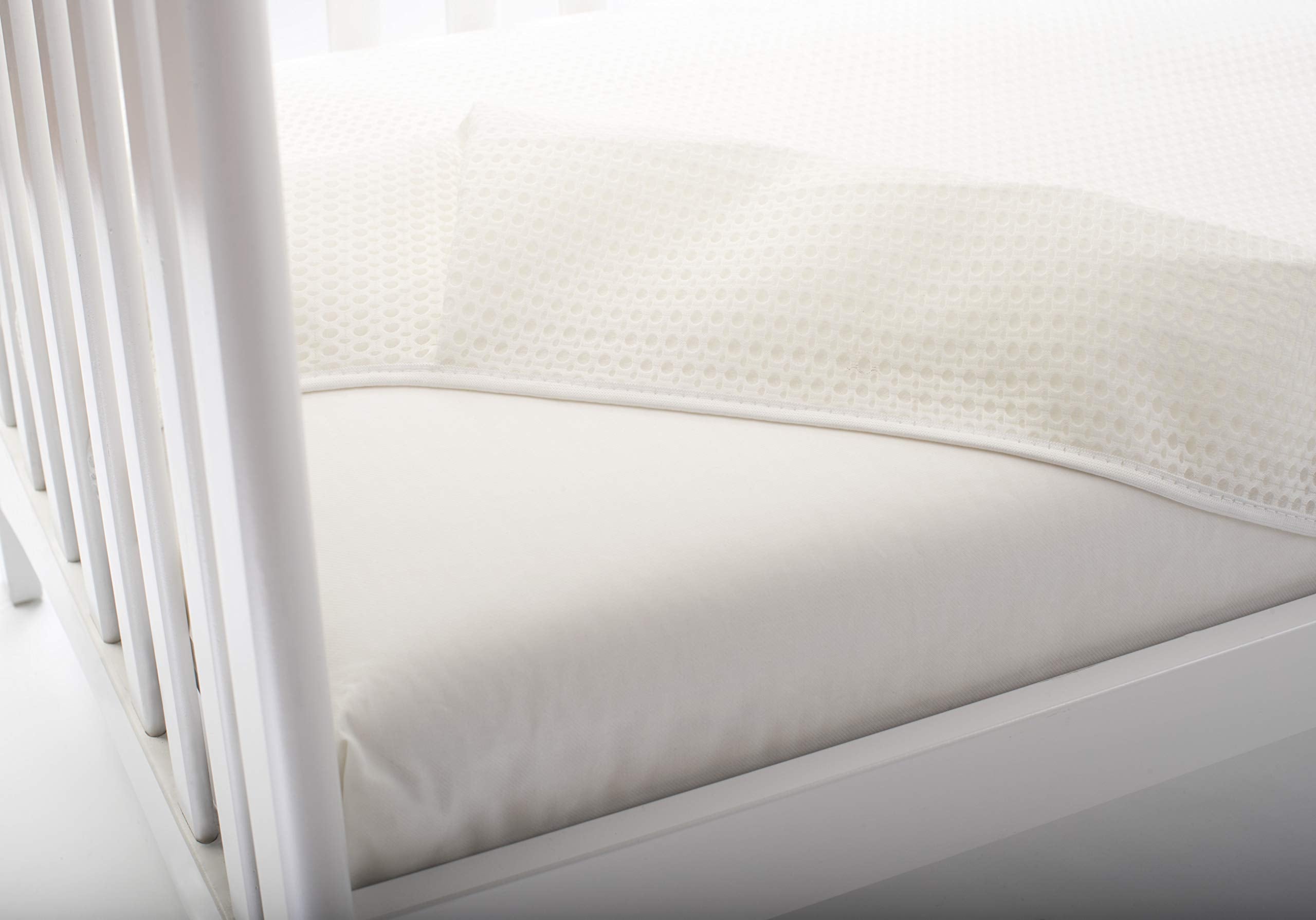 White Lullaby Earth crib pad placed on a standard crib mattress
