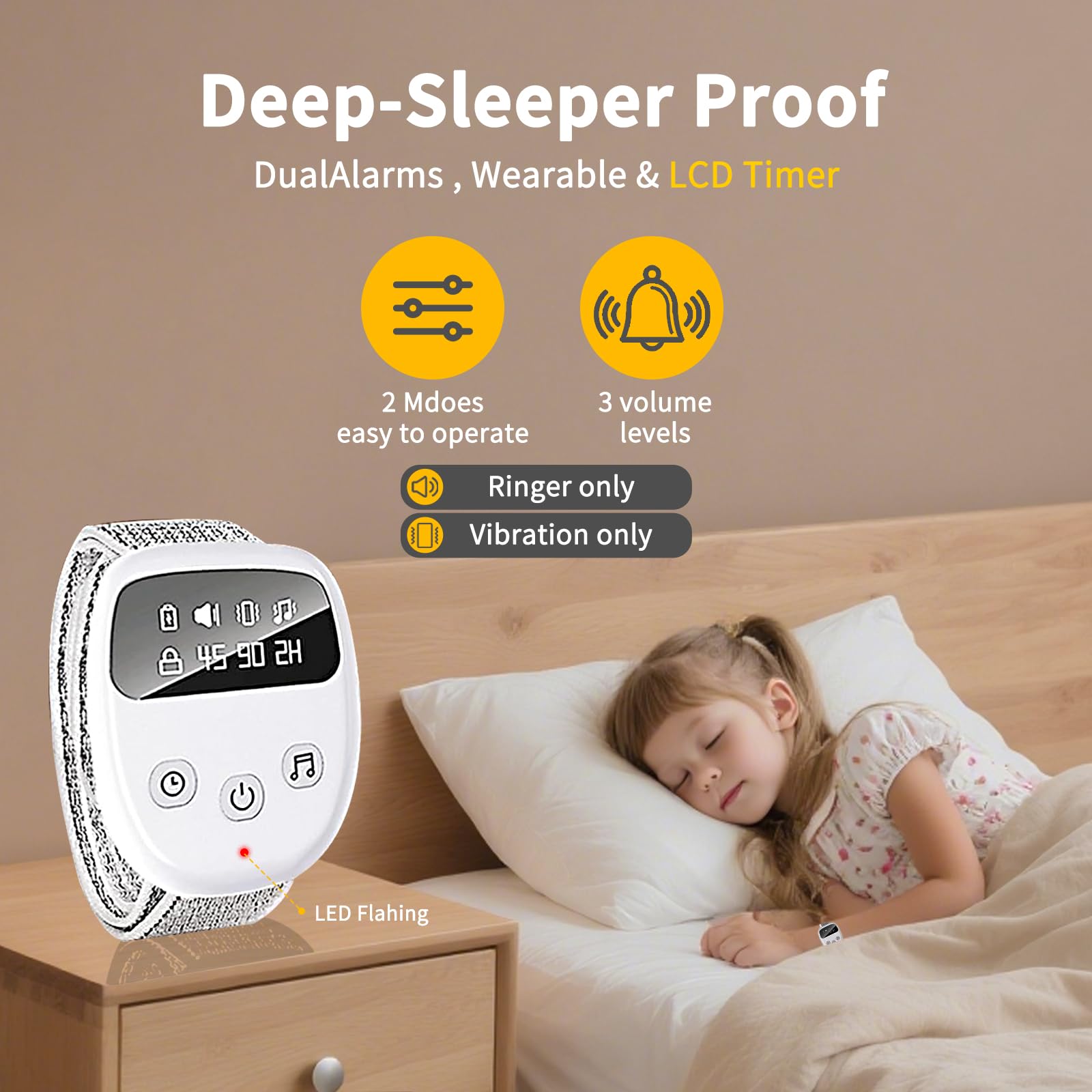 Lultrloyra alarm with large LCD screen and clear controls for seniors and children.