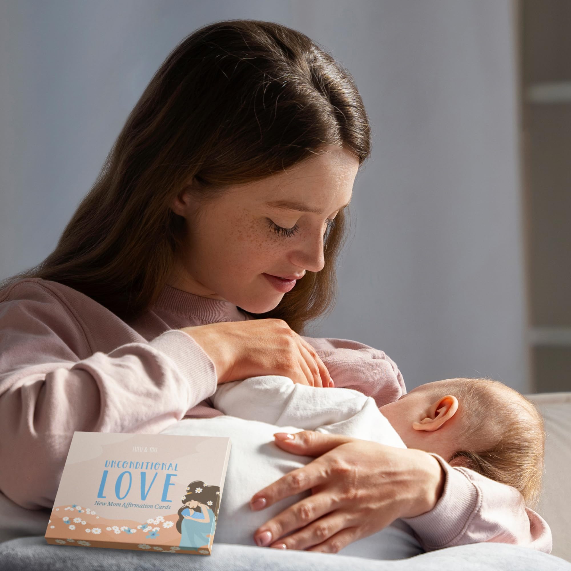 Lulu & You cards beside the night feeding chair for gentle boosts.