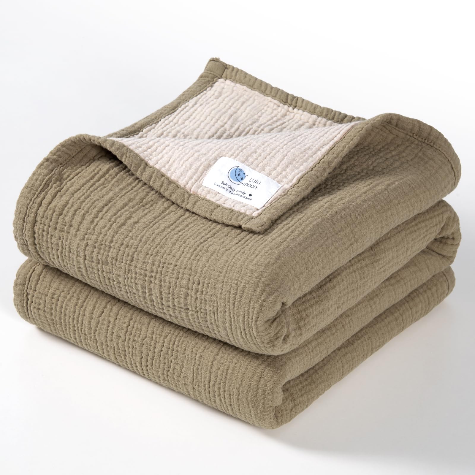 Lulu Moon Muslin Baby Blanket Olive closeup showing soft breathable texture for gentle comfort