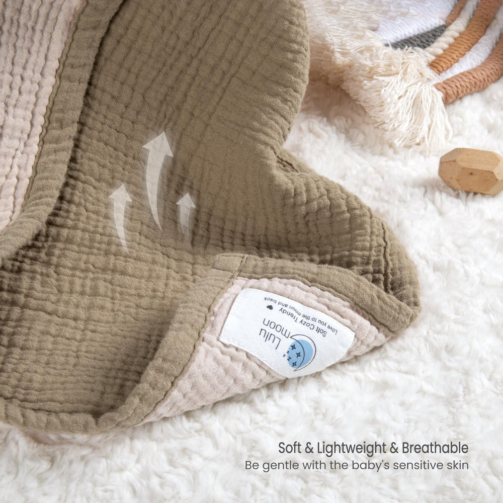 Lulu Moon Muslin Baby Blanket Olive two-tone design enhances nursery decor