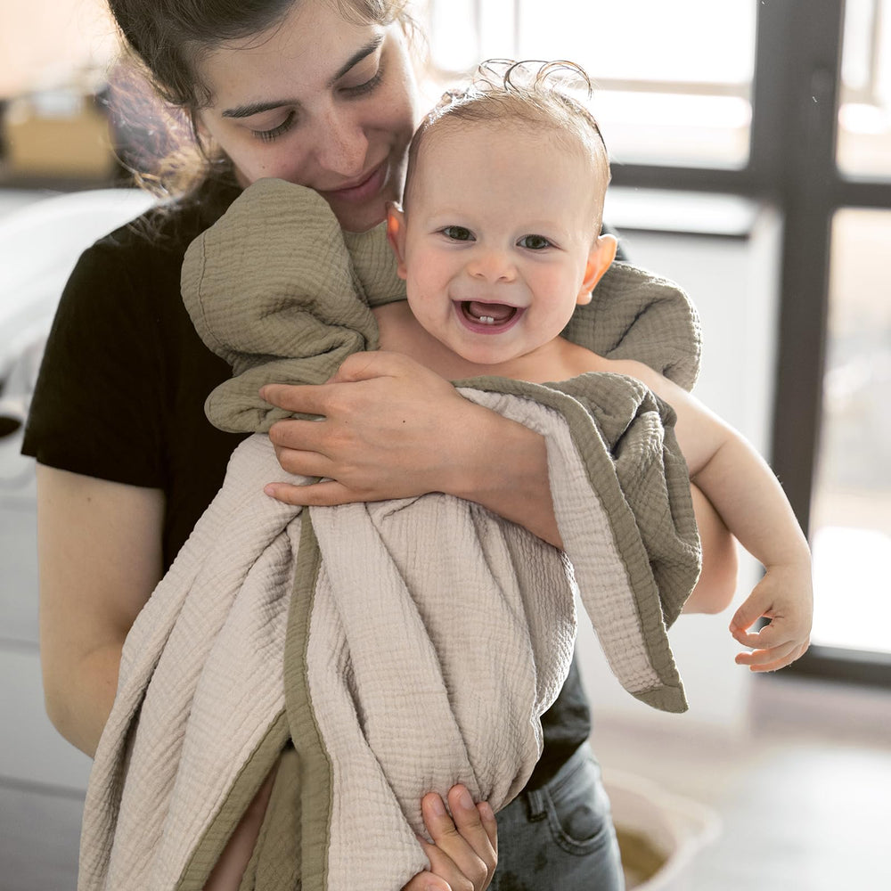 Lulu Moon Muslin Baby Blanket Olive stroller sun-shield use on outings