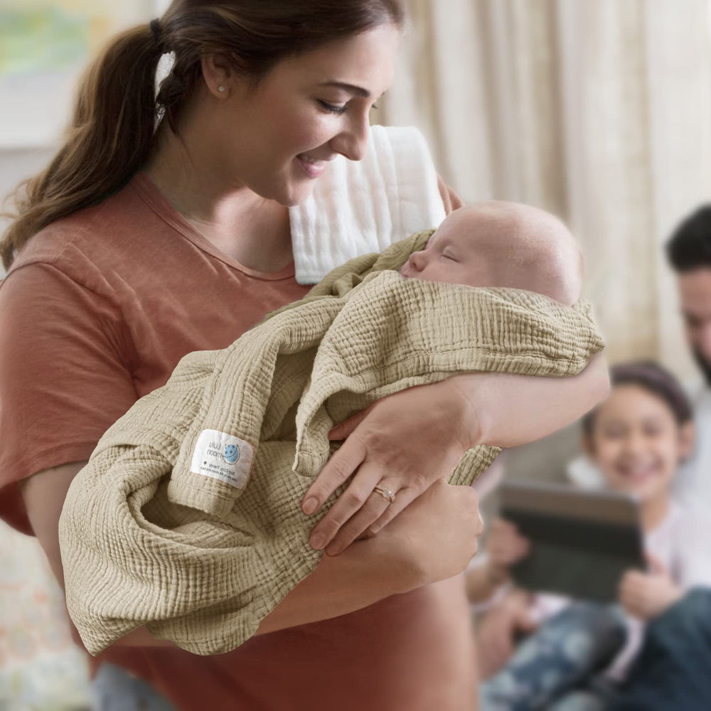 Lulu Moon muslin blanket draped for nap time, gentle warmth and airflow