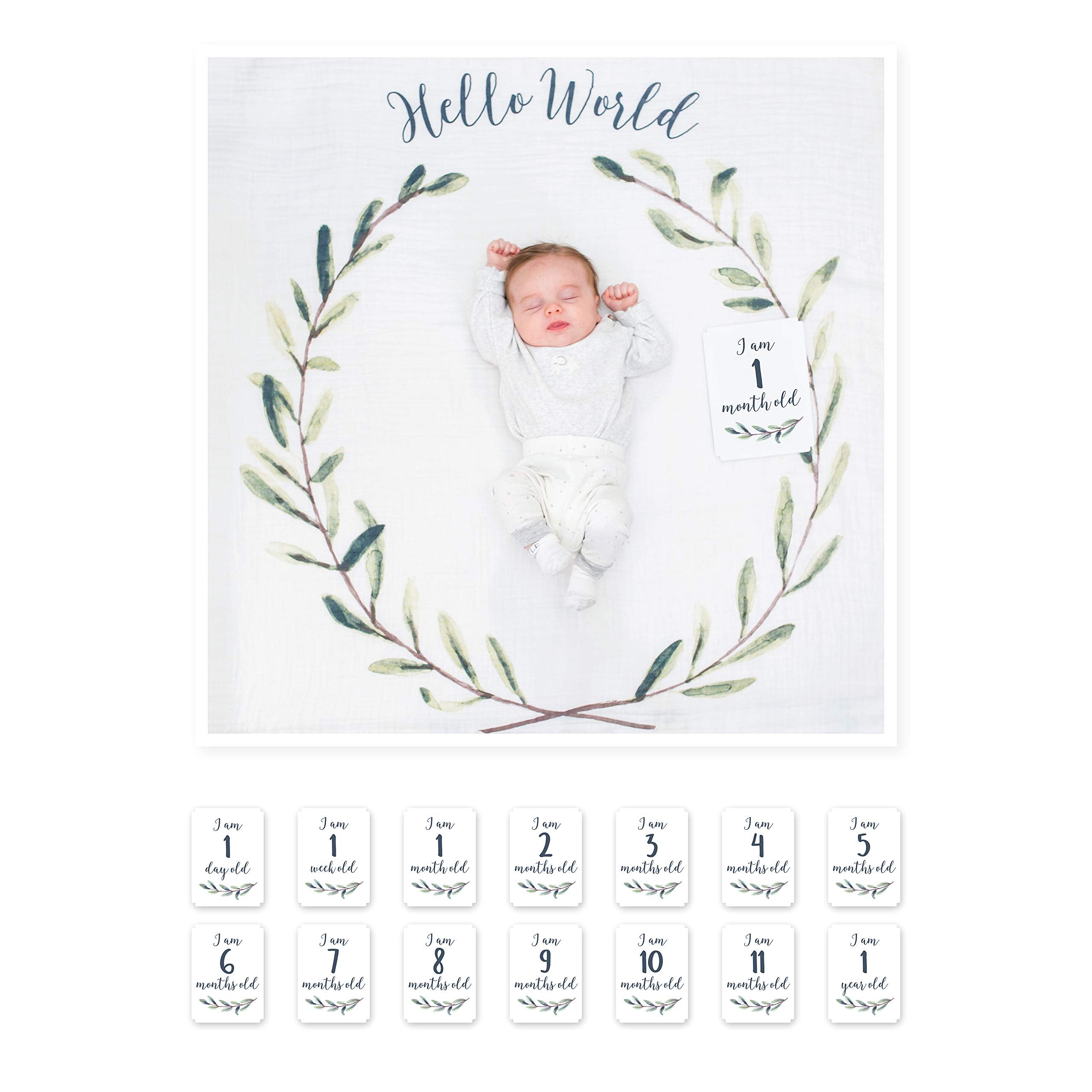 Lulujo Hello World milestone blanket used as soft photo backdrop for baby's first year