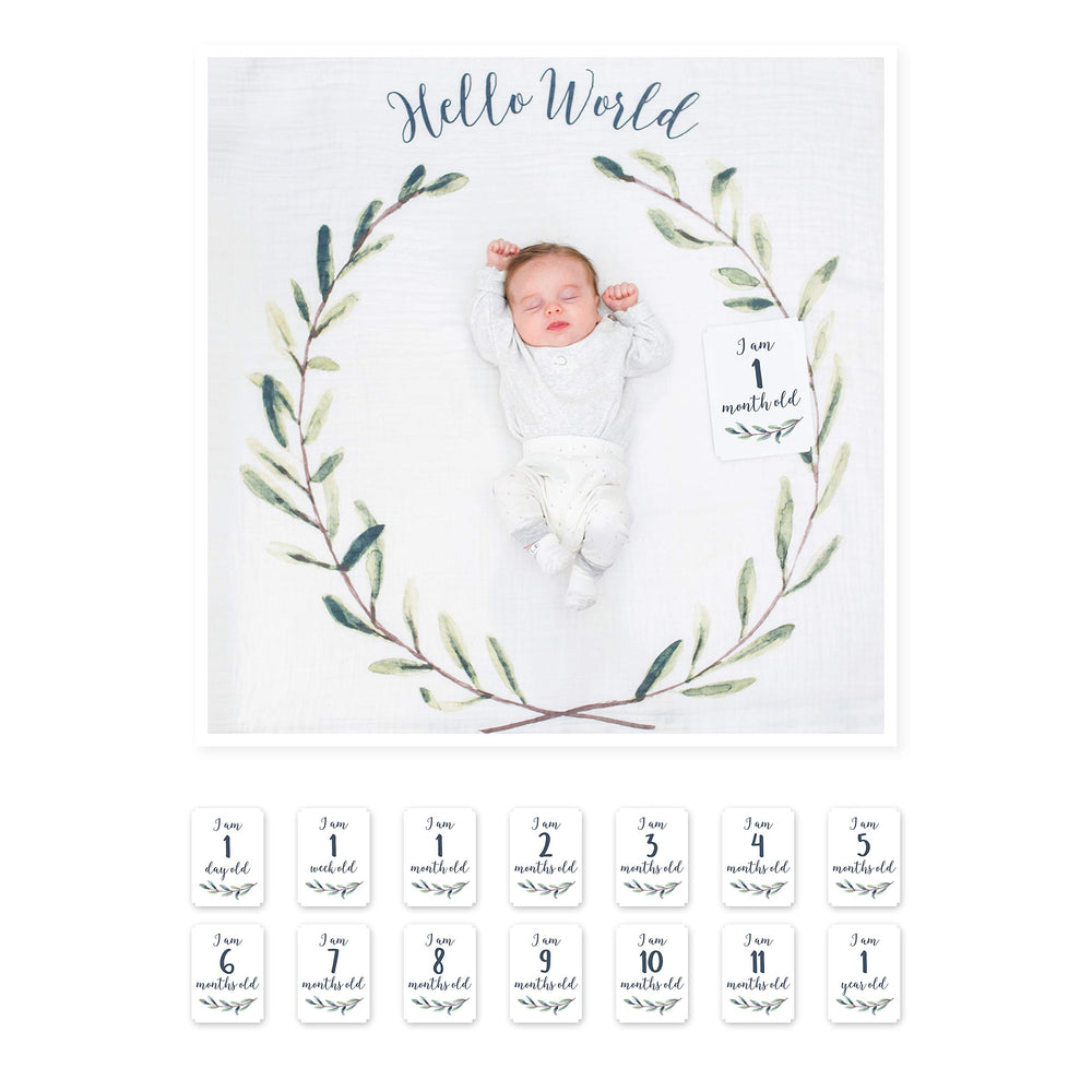 Lulujo Hello World milestone blanket used as soft photo backdrop for baby's first year