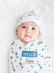 Lulujo Hello World newborn hat triangle blue on tiny head, cozy fit for baby photos