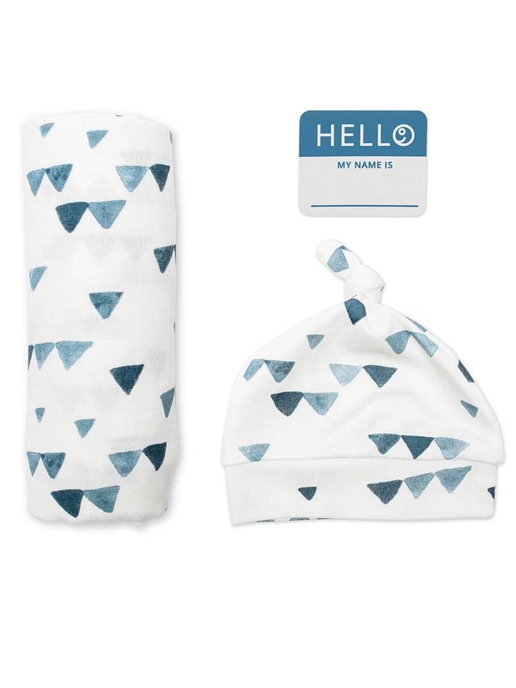 Lulujo Hello World swaddle triangle blue, breathable bamboo muslin blanket