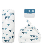 Lulujo Hello World swaddle triangle blue, breathable bamboo muslin blanket