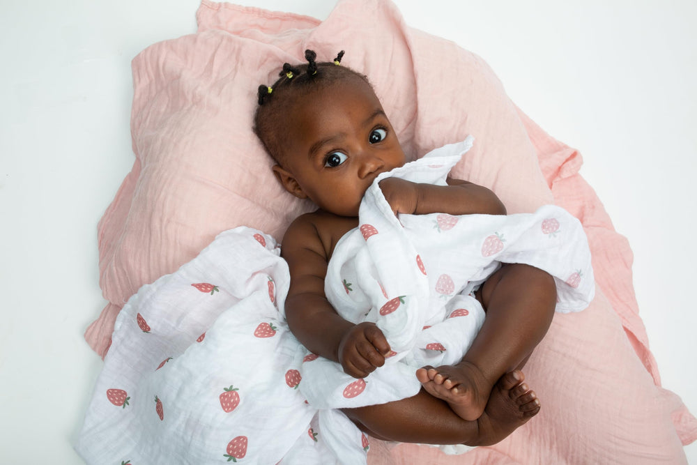 Lulujo swaddle blanket used as a stroller shield during outings.