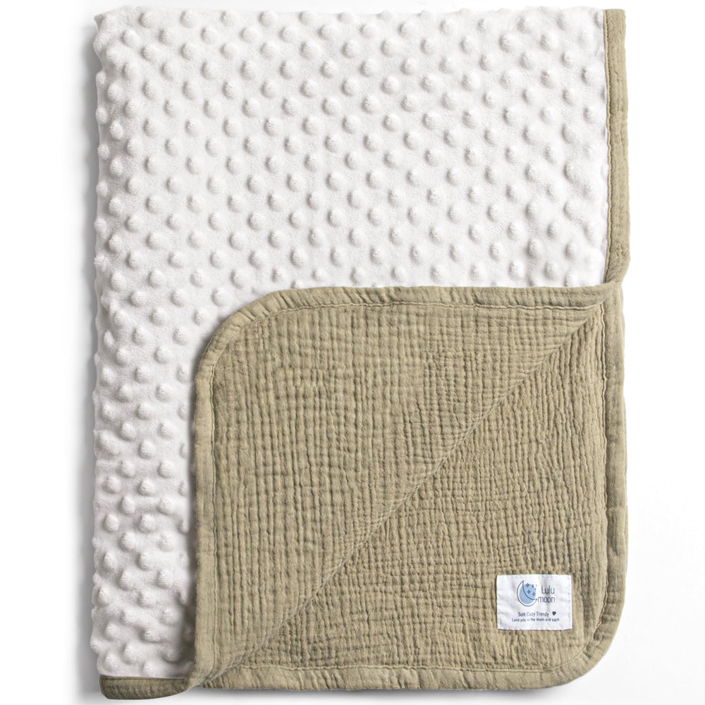 Lulumoon olive baby blanket with minky dot back for newborn warmth and soft texture.