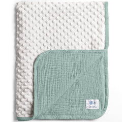 Lulumoon Sage baby blanket with minky dots back for ultra-soft warmth.