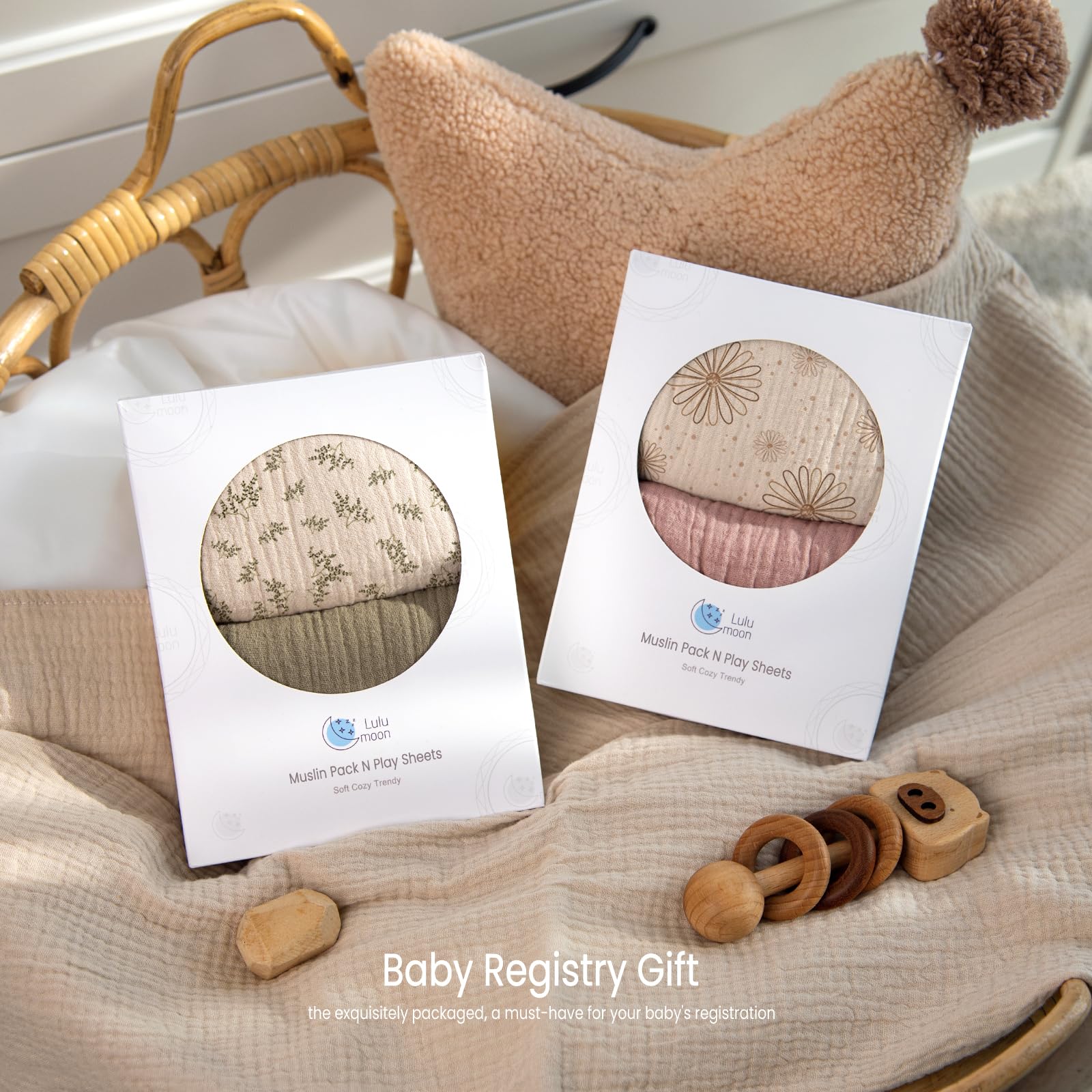 lulumoon baby shower gift-ready Pack N Play sheets in neutral boho style.