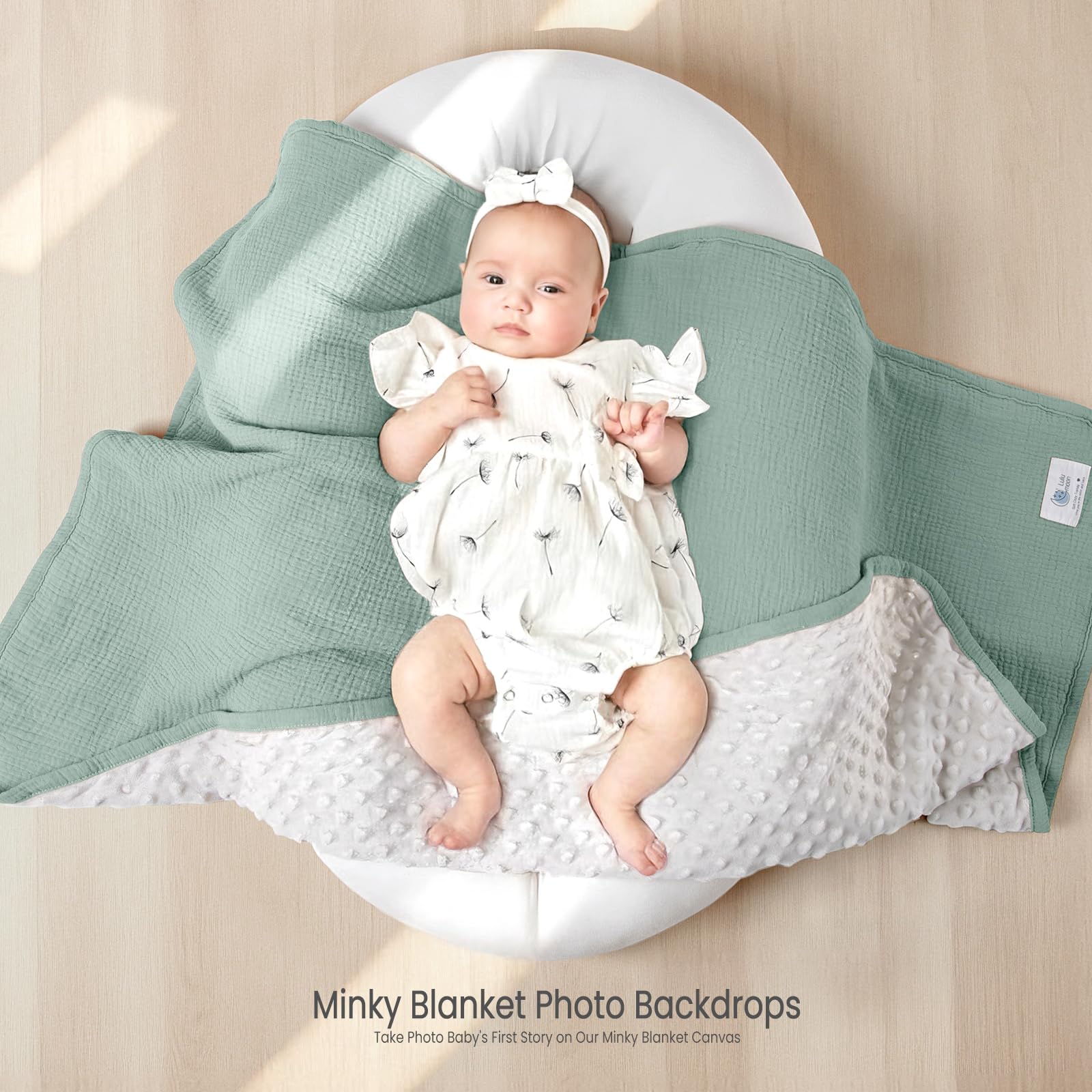 Lulumoon 30x40 Sage blanket fits strollers and car seats for travel.