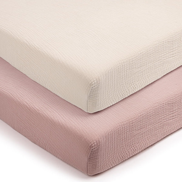 Lulumoon soft muslin close-up on fitted pack and play sheet for gentle baby skin.