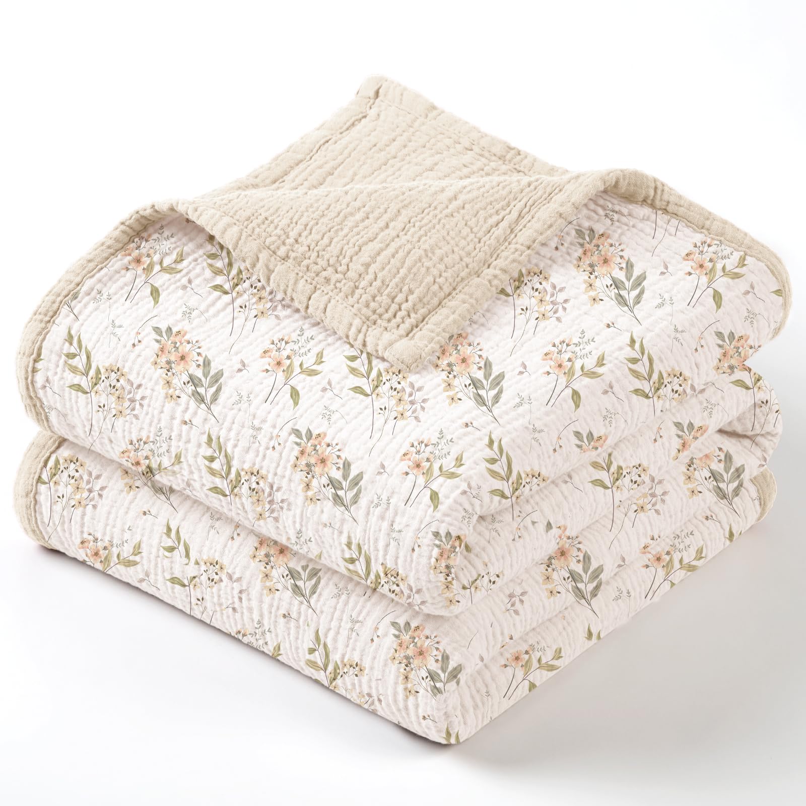 Lulumoon muslin baby blanket in ivory flower, soft and breathable for cozy newborn snuggles.