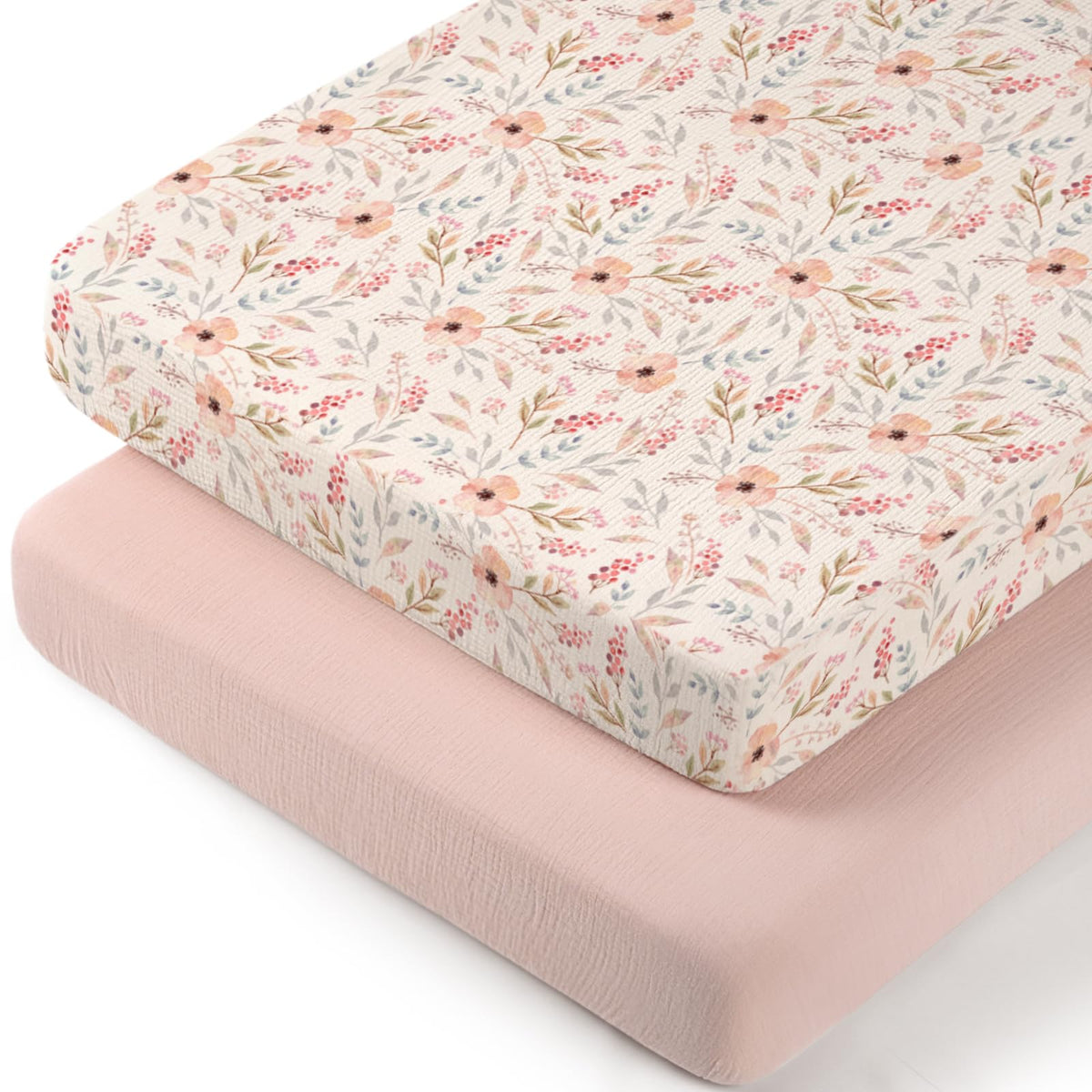 Lulumoon muslin bassinet sheets floral pattern close-up, ultra-soft for baby comfort.