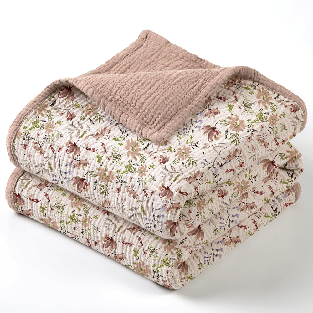 Lulumoon muslin blanket sand floral front view, soft warmth for daytime naps.