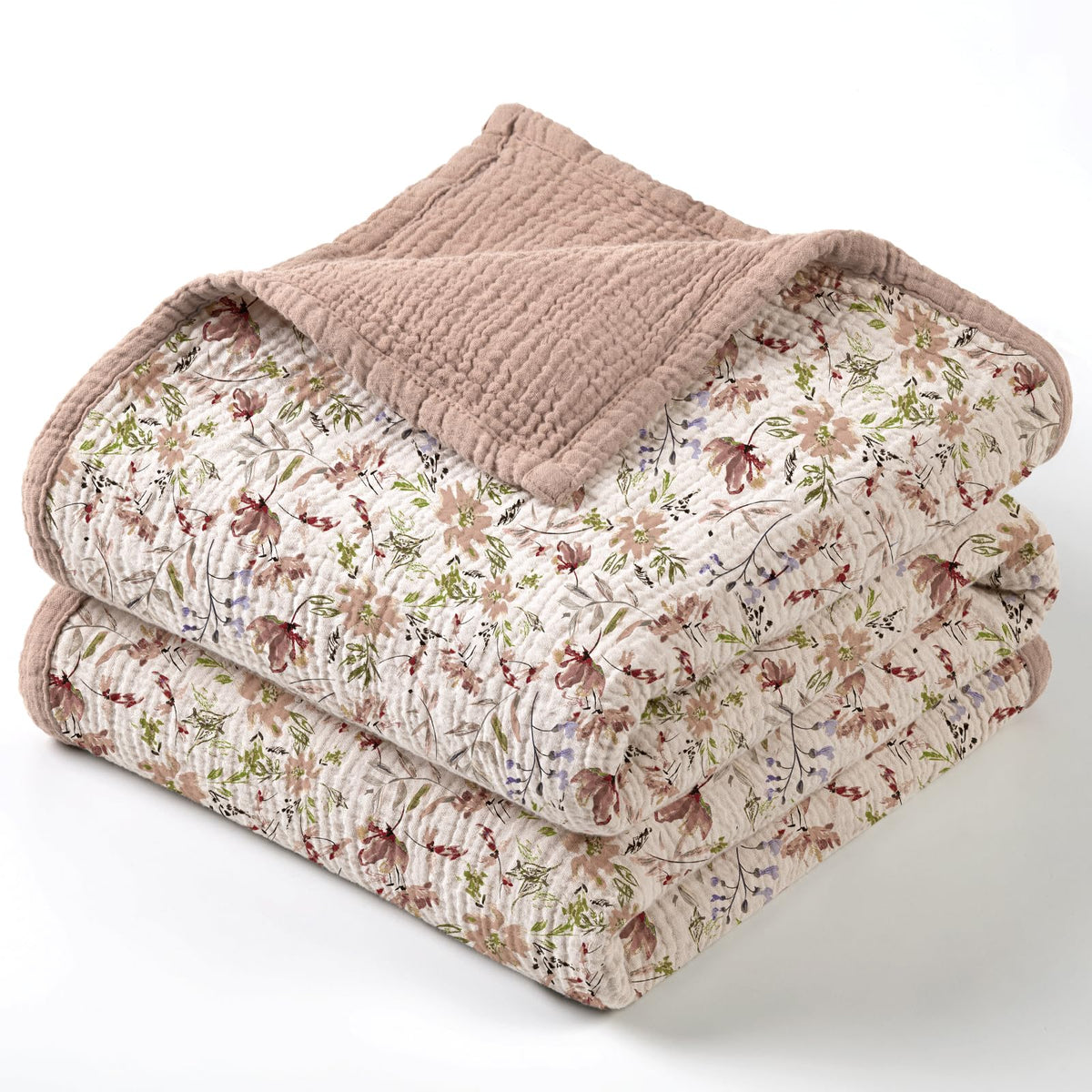 Lulumoon muslin blanket sand floral front view, soft warmth for daytime naps.