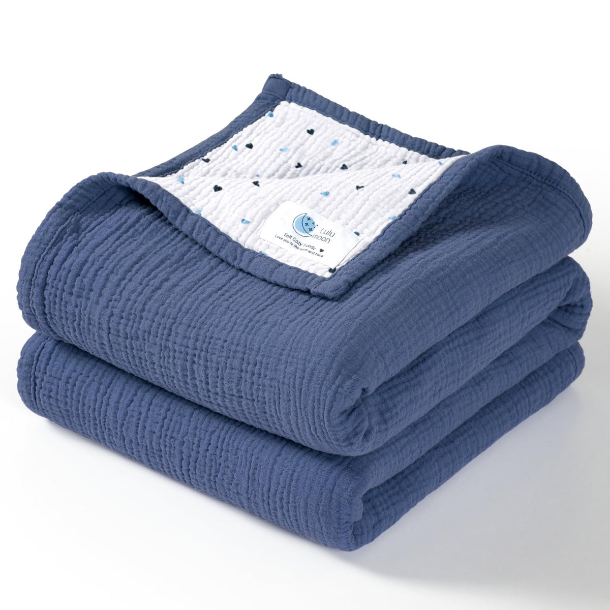 Lulumoon muslin blanket blue close-up shows soft, breathable fabric for baby skin