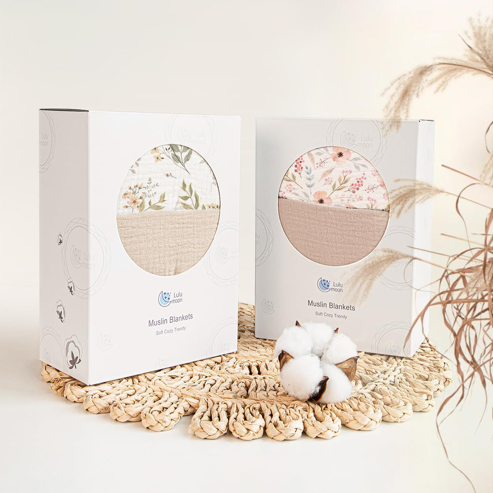 Lulumoon muslin blanket for newborns, breathable four-layer cotton for all-day comfort.