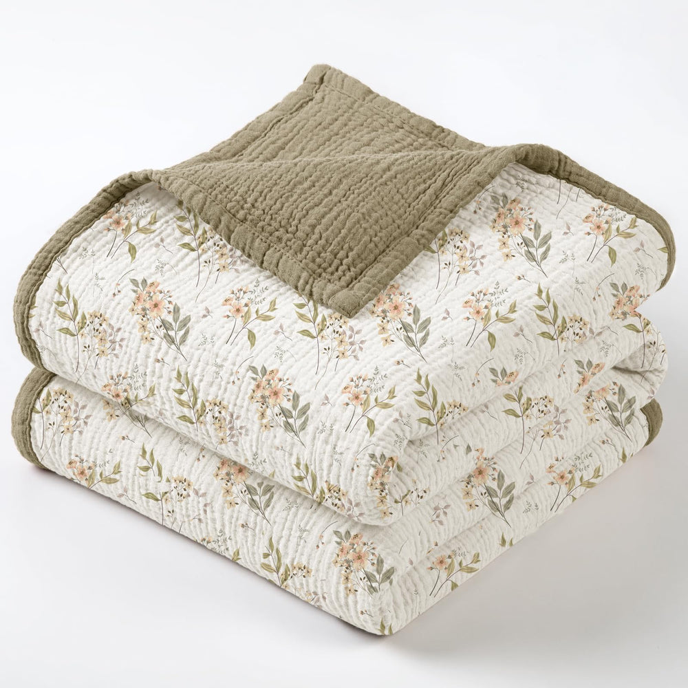 Lulumoon Muslin Blanket Olive Flower close-up fabric texture for gentle newborn comfort
