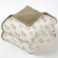 Lulumoon Muslin Blanket Olive Flower close-up fabric texture for gentle newborn comfort