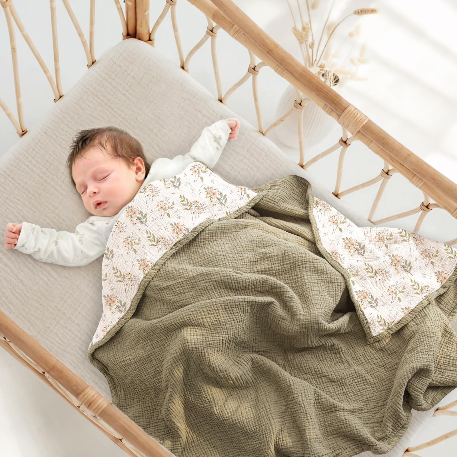 Lulumoon Muslin Blanket Olive Flower folded view shows generous 47x47 inch size