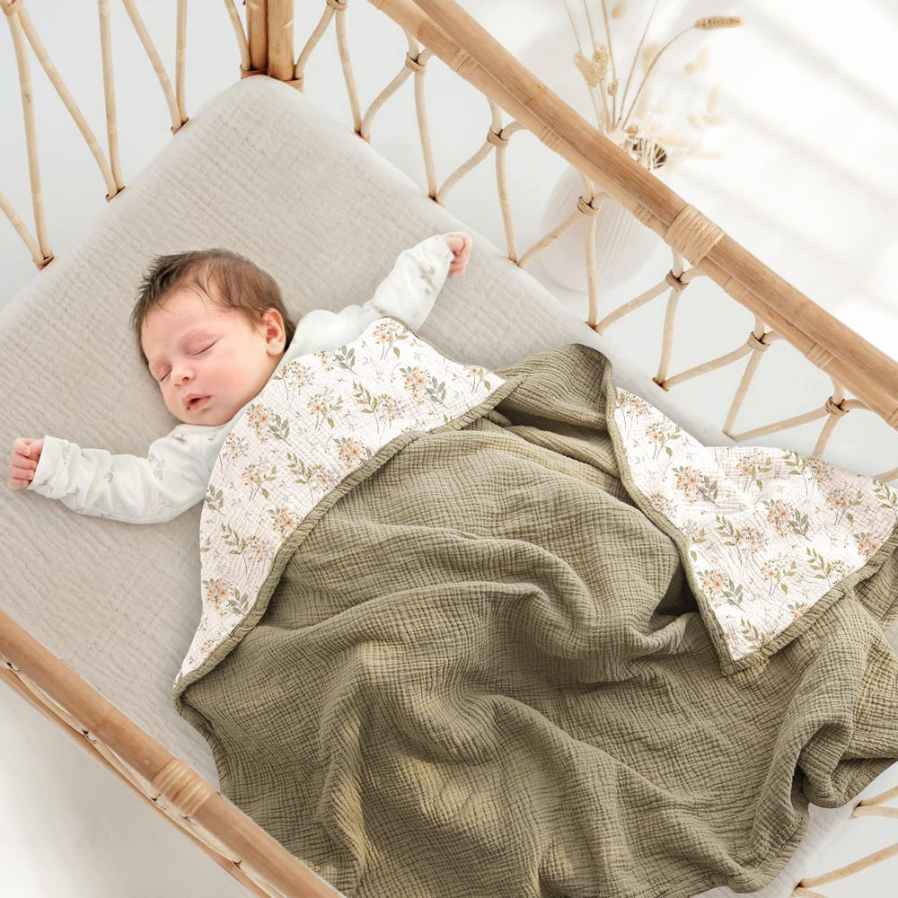 Lulumoon Muslin Blanket Olive Flower folded view shows generous 47x47 inch size