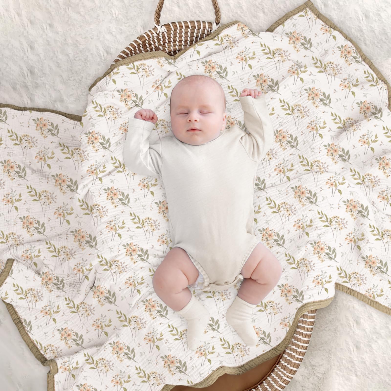 Lulumoon Muslin Blanket Olive Flower photography background for cute baby photos