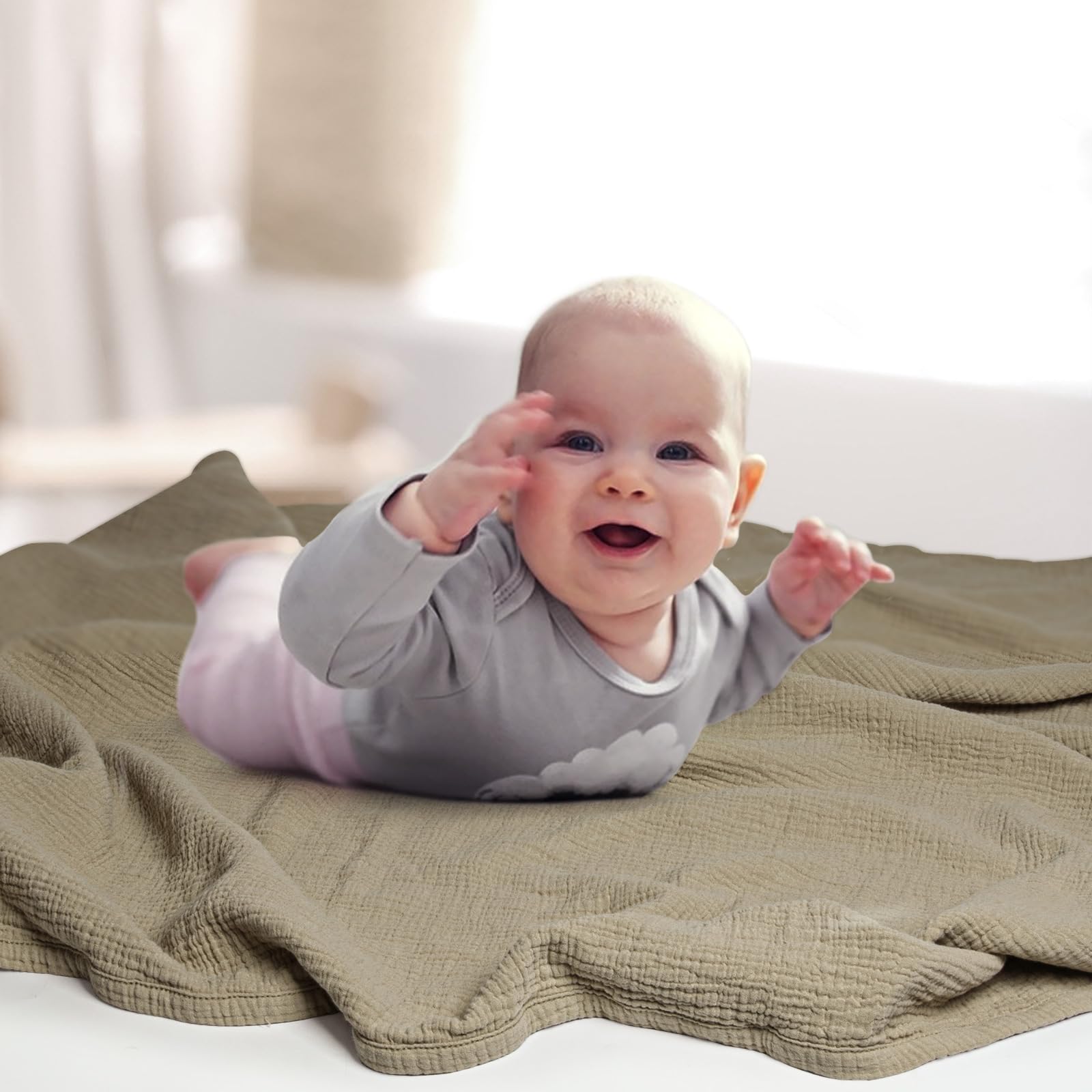 Lulumoon olive muslin blanket in stroller for travel