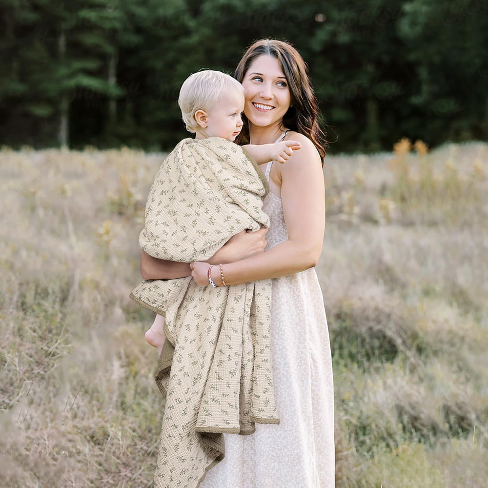Lulumoon muslin blanket Olive Tree design makes a ready-made baby gift.