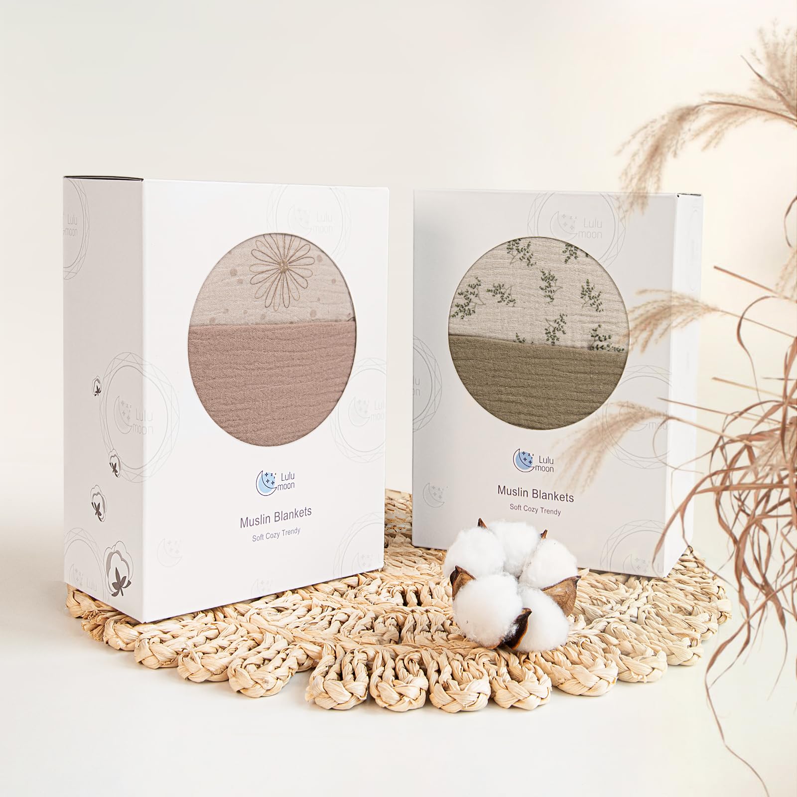 Lulumoon muslin blanket Olive Tree boxed packaging makes gifting simple and delightful.