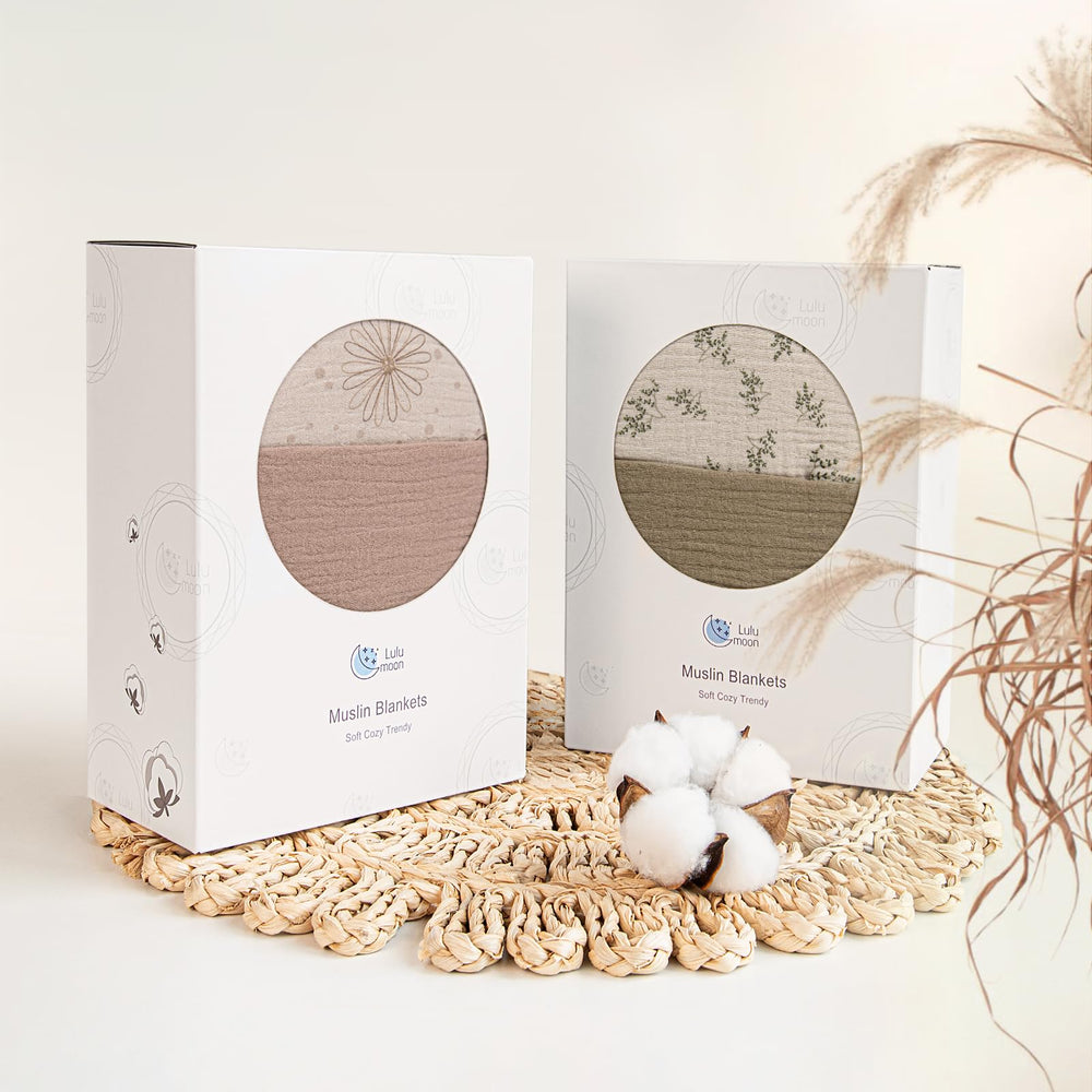 Lulumoon muslin blanket Olive Tree boxed packaging makes gifting simple and delightful.