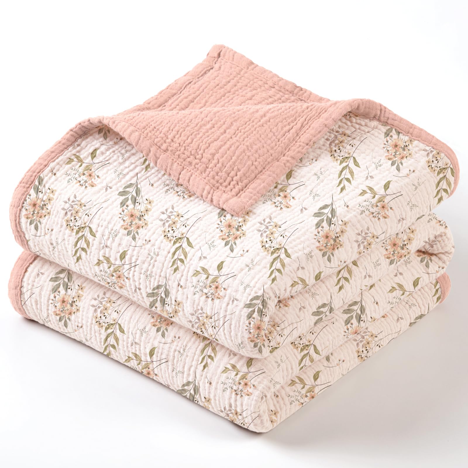 Lulumoon Muslin Blanket pink floral close-up shows soft, breathable cotton for delicate baby skin.