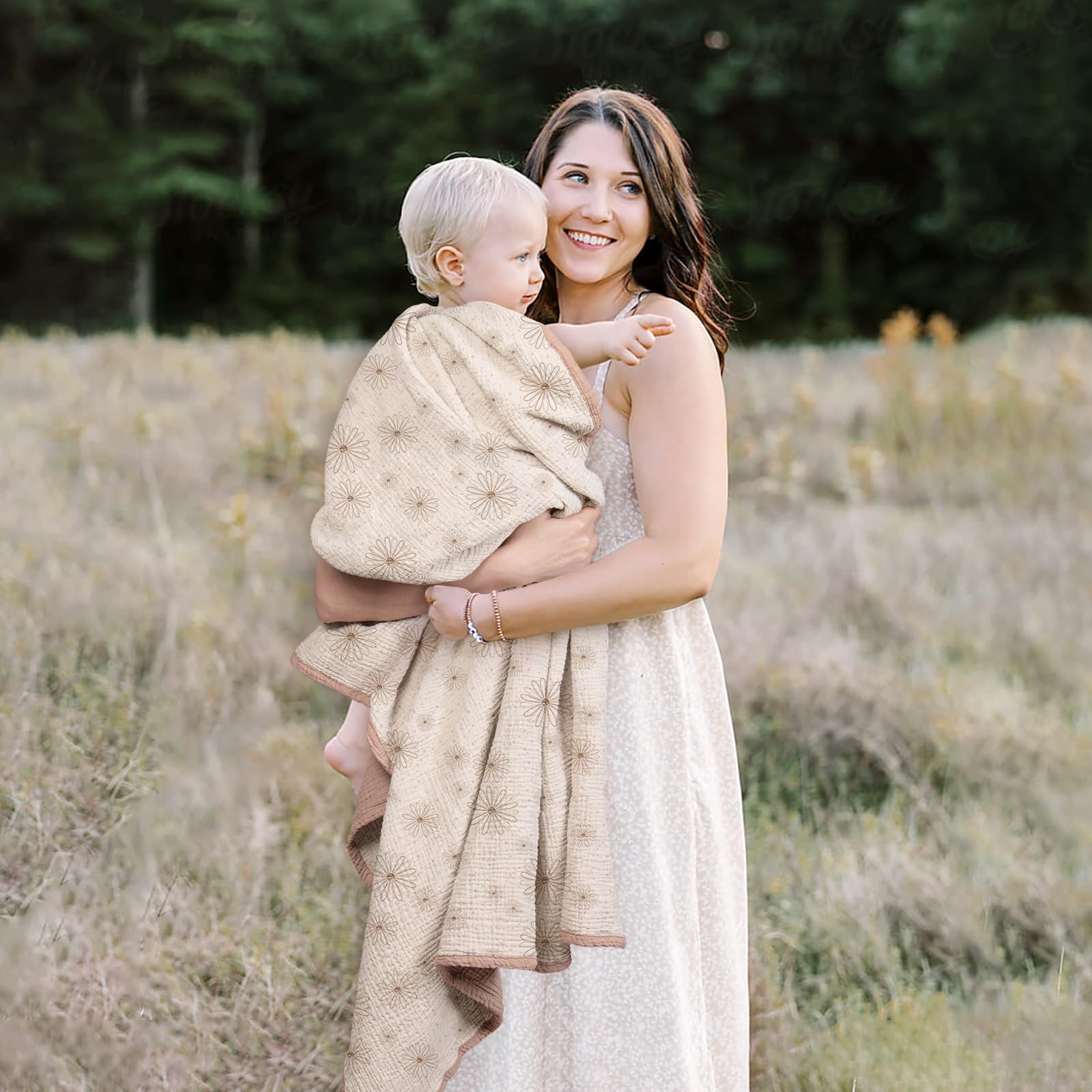 Lulumoon muslin blanket Sand Daisy folded for stroller sun-shield use