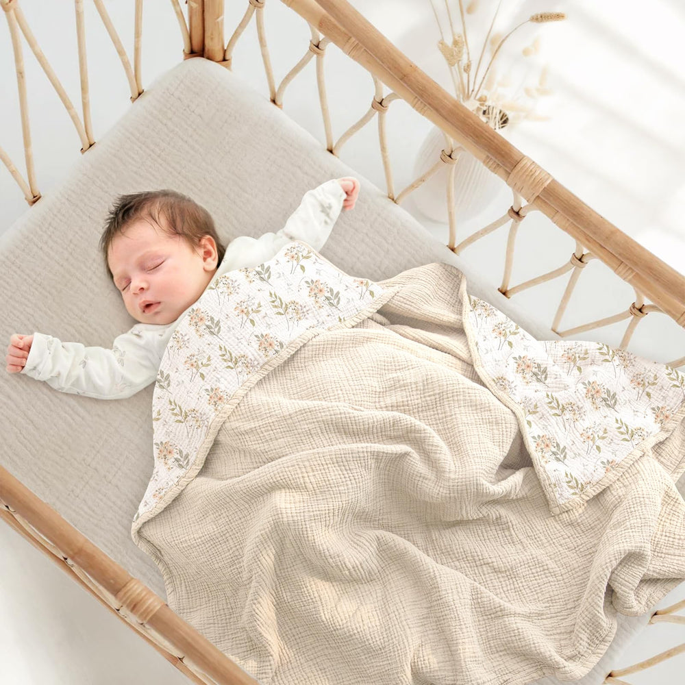 Lulumoon muslin blanket in ivory flower, ideal as stroller sun shade on outings.