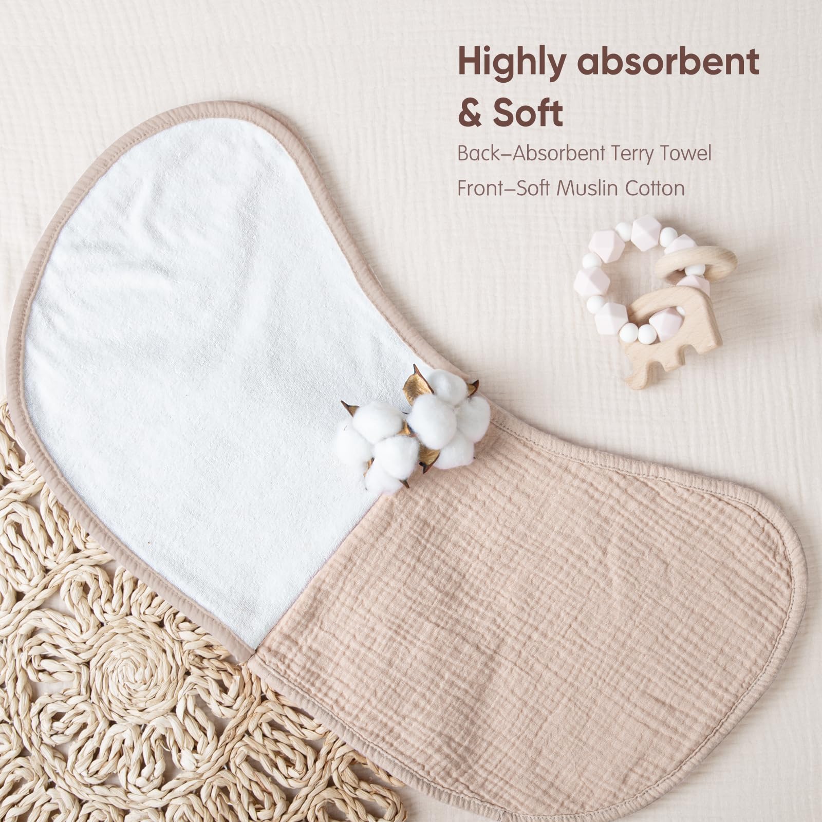 Soft muslin top layer on Lulumoon burp cloth gentle on skin