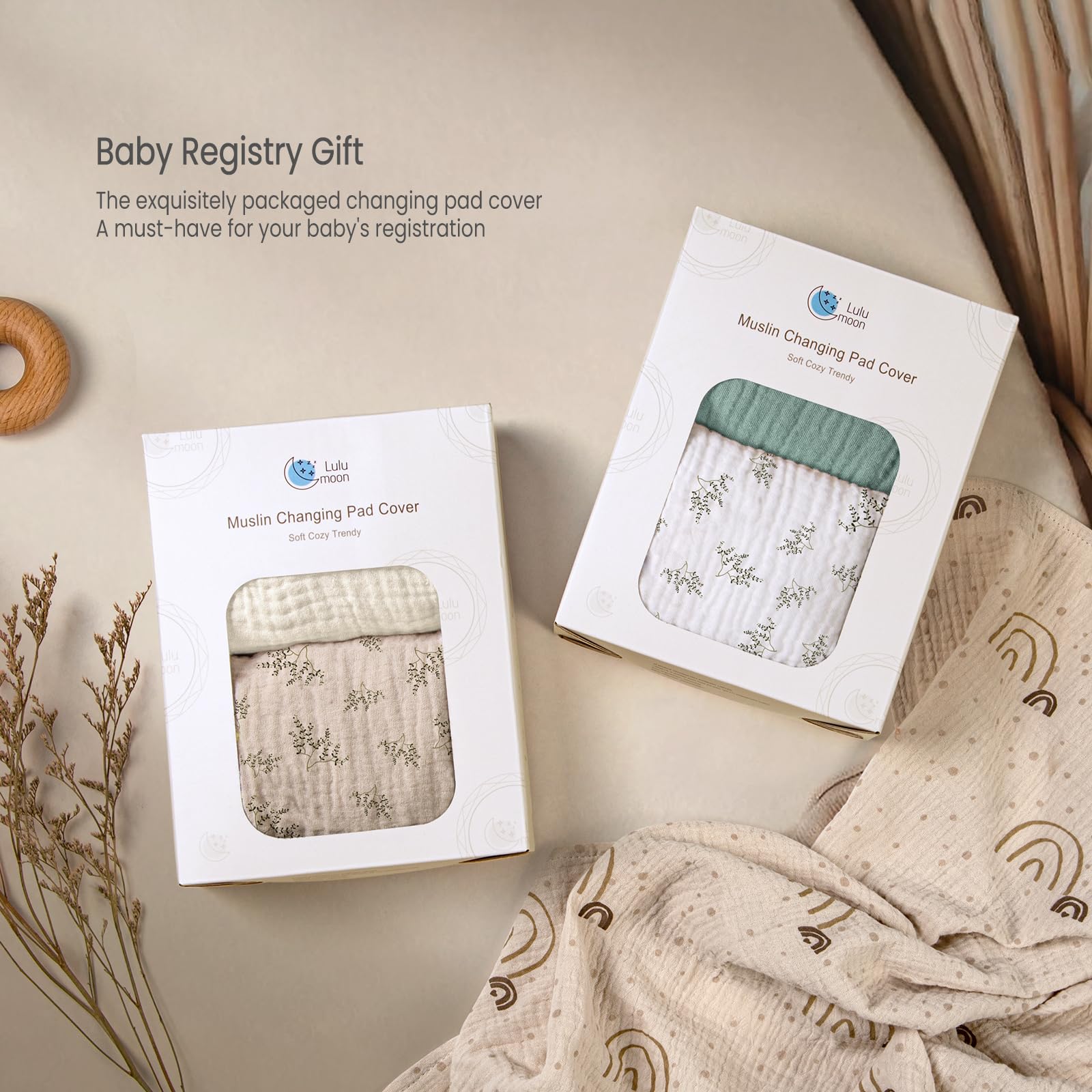 Lulumoon neutral boho patterned muslin changing pad cover in nursery