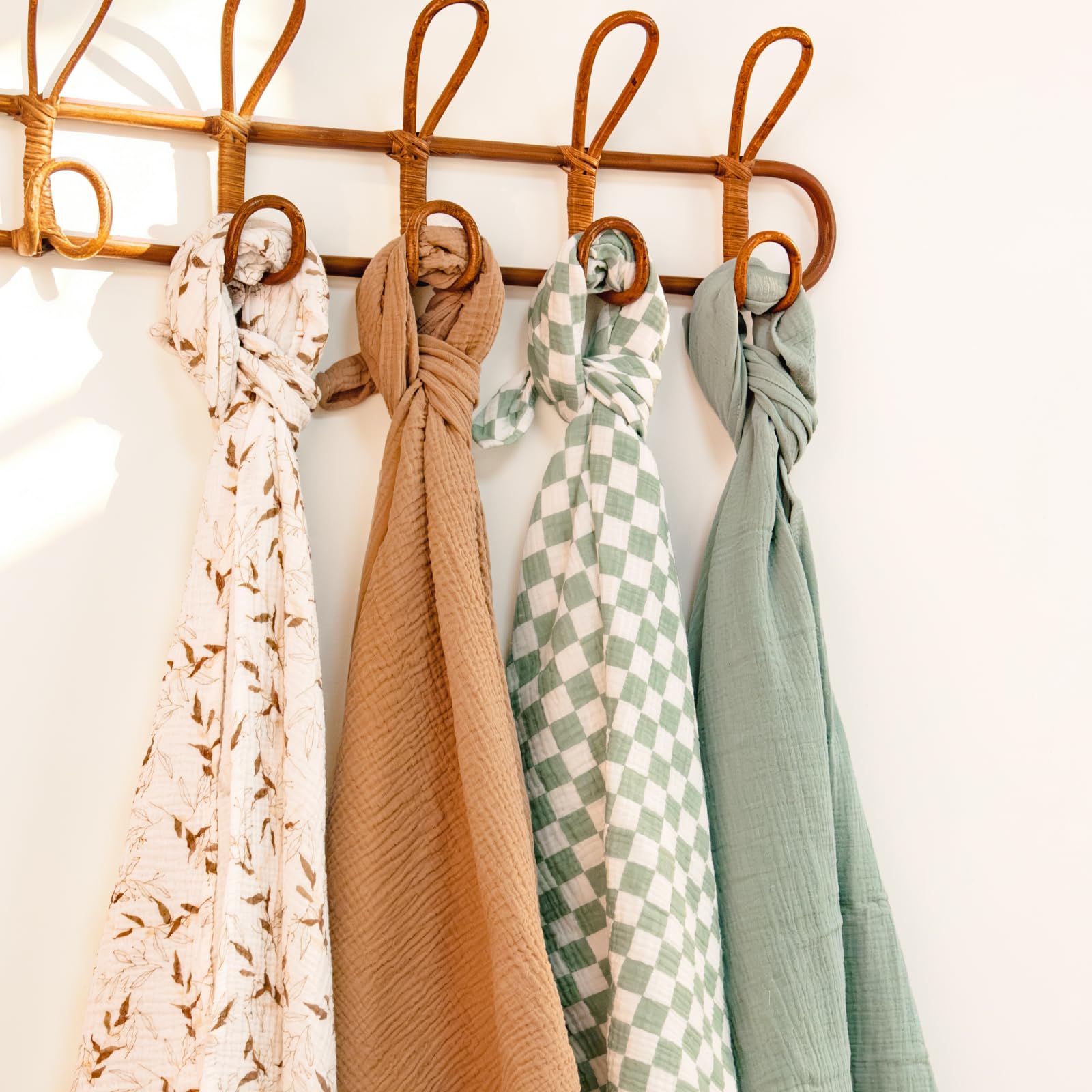 lulumoon muslin swaddle olive branches 3-pack neatly stacked for registry gifts.