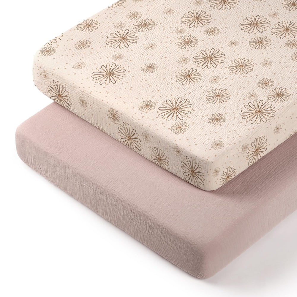 lulumoon Pack N Play Sheets muslin top view shows breathable cotton texture for baby comfort.