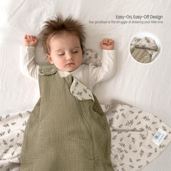 Lulumoon Sleep Sack Muslin ready for diaper changes with two-way zipper.