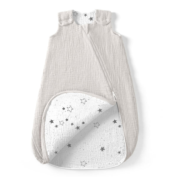 Lulumoon Sleep Sack Muslin double-layer for year-round comfort and easy diaper changes.